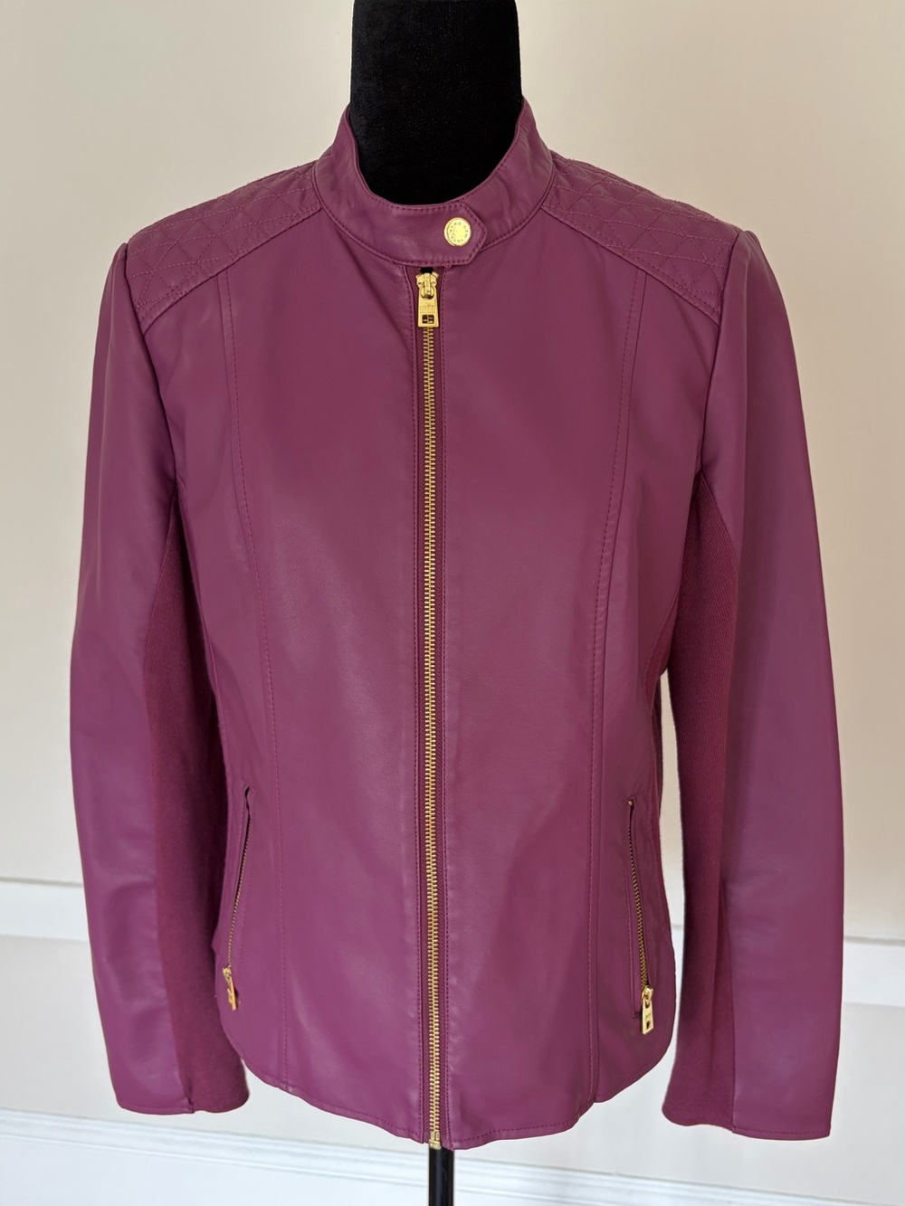 Andrew Marc New York Womens Purple Plum Faux Leather Zip-Front Moto Jacket Sz M